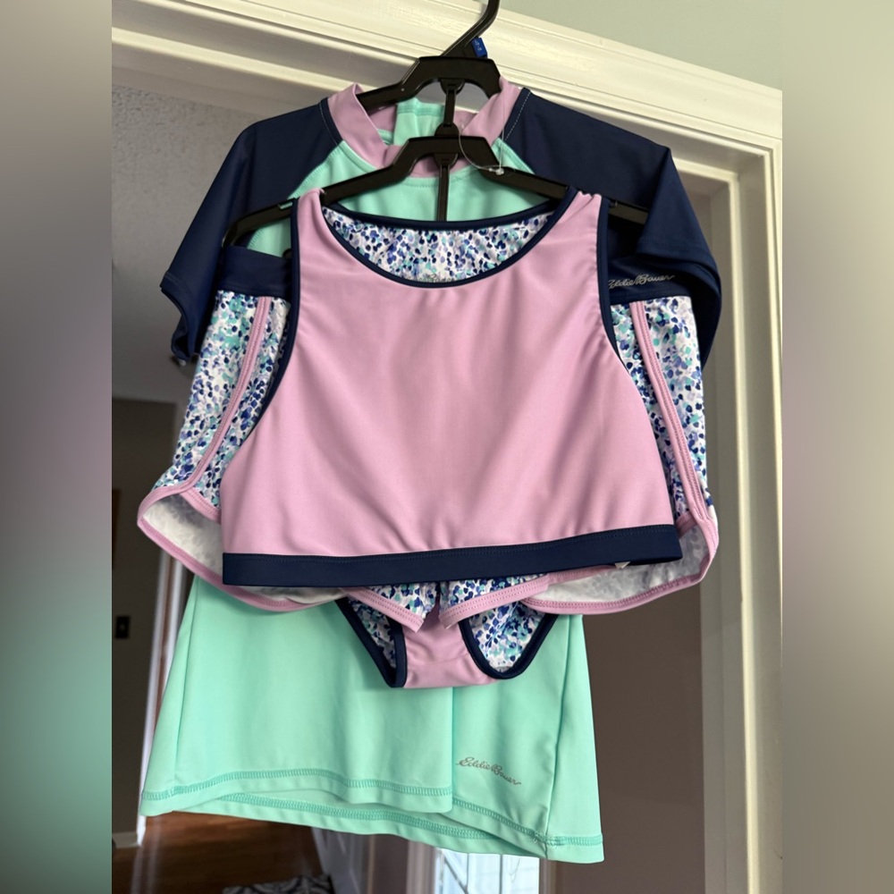 Eddie Bauer Kids swimsuit reversible w shorts & rash guard kids large 14/16 nwt
